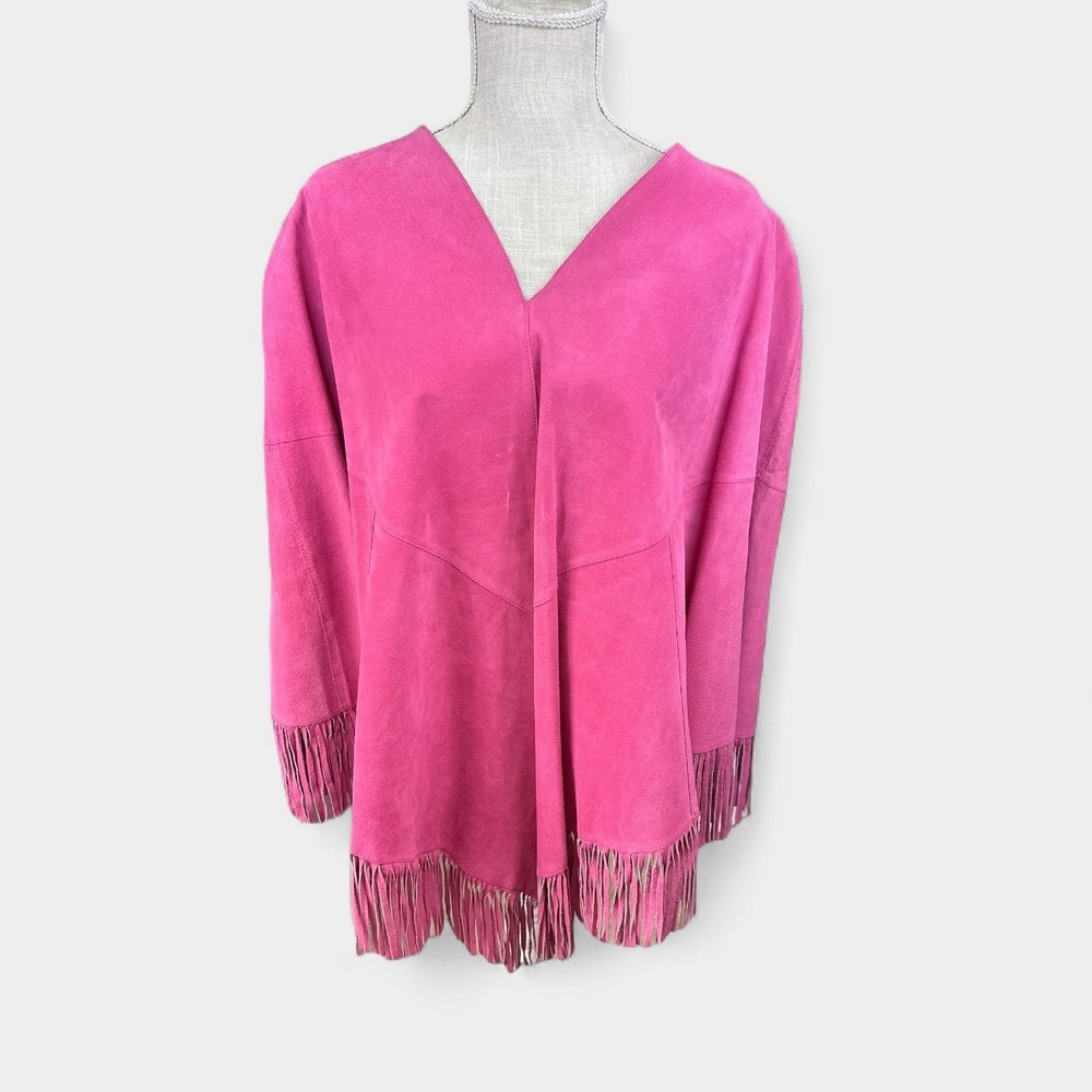 METROSTYLE Pink Suede Fringe V Neck Poncho Tunic Top‎